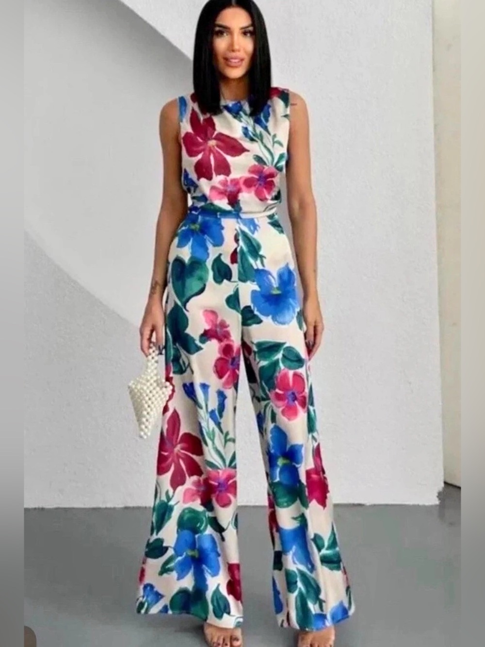 Zara Floral Wide-Leg Jumpsuit in Cream & Blue Size Medium NWT